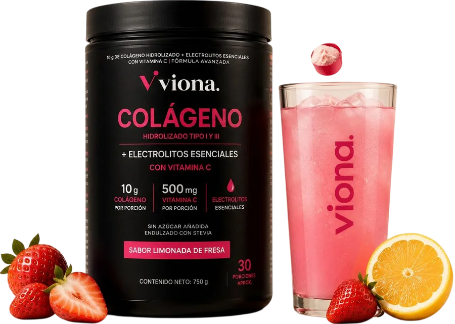 Producto Viona Colágeno con bebida de limonada de fresa