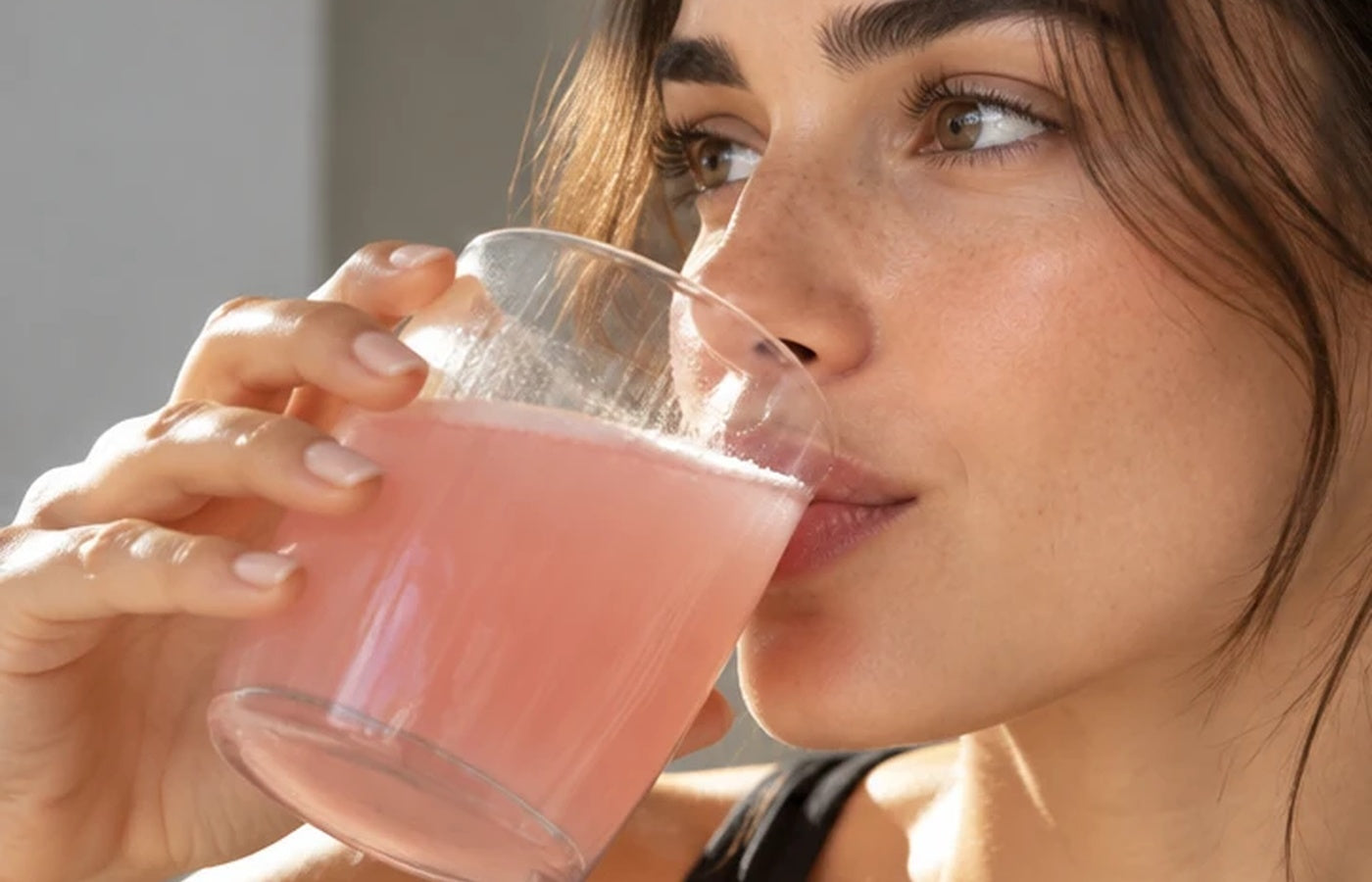 Woman drinking a pink beverage